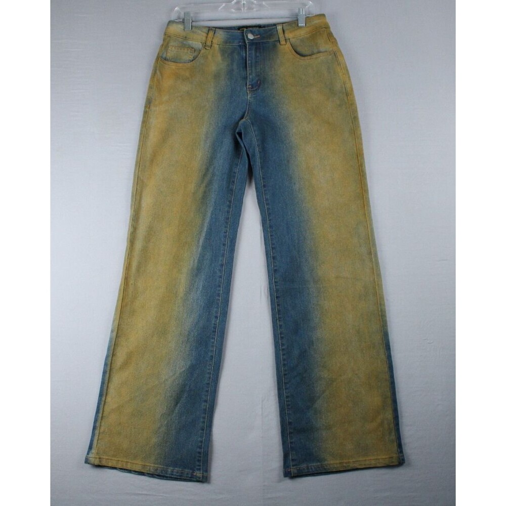 Finesse Wide Leg Blue Yellow Denim Pants Stretch Medium 32 Waist 32 Inseam